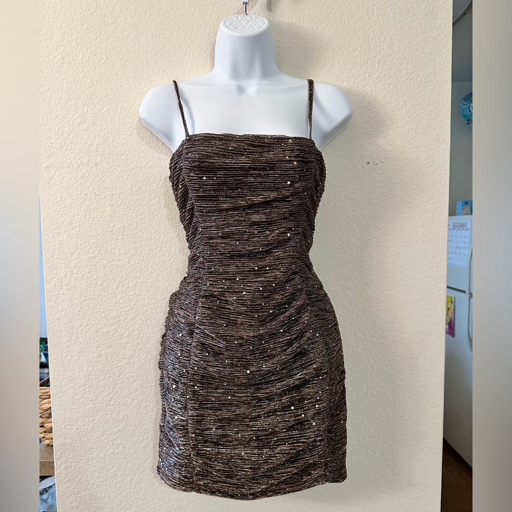 Brown and Gold Sequin Sparkle Mini Dress